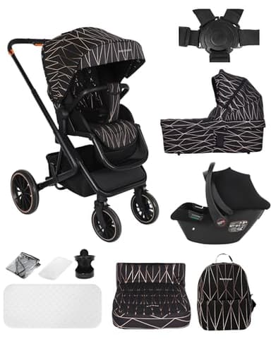 BabyVoyage 3 in 1 Kinderwagen 0-48 Monate, Buggy mit Zwei Umkehrbaren Schiebemodi, Rahmen Aluminiumlegierung, Zusammenklappbargleiten, Vollfederung, 5 Punkt Sicherheitsgurt Kinderwagen-Schwarz&Gold