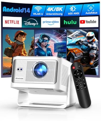 Alwtniet Mini Beamer Projektor 4K 8K Unterstützt, Full HD 1080P Smart Projector mit Android 14, WiFi 6 Bluetooth 5.4, Autofokus Auto Keystone 180°Dreh Beamer klein Heimkino Ultrakurzdistanz HY350MAX