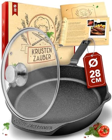 KRUSTENZAUBER 28cm Gusseisenpfanne Induktion Set - Voreingebrannte Gusseisen Pfanne - Ideale Grillpfanne Induktion, Eisenpfanne, Cast Iron Pan, Bratpfanne, Gusseiserne Pfanne Skillet Gusspfanne