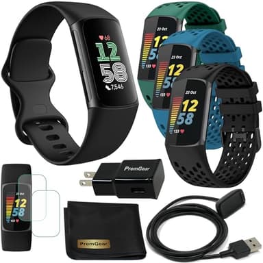Fitbit Charge 6 Fitness-Tracker-Uhr mit Google-Apps (schwarz), Paket mit PremGear 3 komfortablen Silikon-Uhrenarmbändern, 91 cm Ladekabel, Adapter, Displayschutzfolien und Tuch
