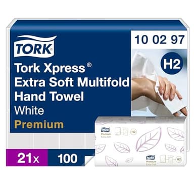 Tork Xpress extra weiche Multifold Papierhandtücher 100297 - H2 Premium umweltschonende Falthandtücher für Handtuchspender - extra weich und saugfähig, 2-lagig, weiß - 21 x 100 Tücher
