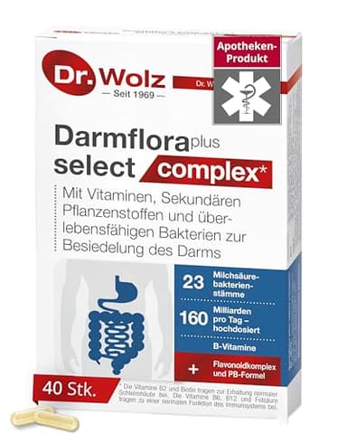 Dr. Wolz Darmflora plus select complex* - 40 Kapseln hochdosiert - 22 Milchsäurebakterien-Stämme - 160 Milliarden Bakterienkulturen pro Tag - Für Darmschleimhaut & Immunsystem* - Darm-Kur