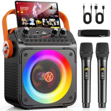 HWWR Karaoke Maschine Karaoke Anlage mit 2 Mikrofonen für Erwachsene & Kinder Bluetooth Lautsprecher mit Vorverstärker für Mikrofone, Tragbare Bluetooth Party Karaoke Box - Geschenk