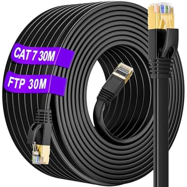 30m Cat 7 LAN Kabel 30 meter Flach Outdoor Indoor, S/FTP Netzwerkkabel CAT7 30m Hochgeschwindigkeits 10000Mbit/s Gigabit Ethernet Kabel Wasserdicht Anti-Interferenz (30 Clips) -Schneller als Cat6/Cat5