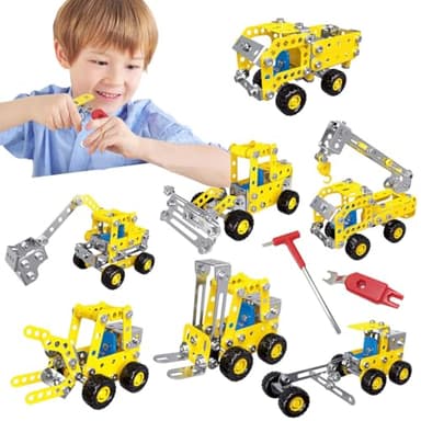 QiLumier Metallbaukasten - Baustellenfahrzeug,mit 180 Bauteilen,7 Modelle 3D Metal Puzzle,Gifts for Kids,Konstruktionsspielzeug für Kinder ab 6 Jahren