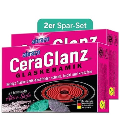abrazo CeraGlanz Glaskeramik - 4 Glaskeramikfeldreiniger 2x2 Stk. - antibak. Glaskeramik Reiniger, Keramikfeld Reiniger, Herdreiniger, Herd kratzfrei reinigen
