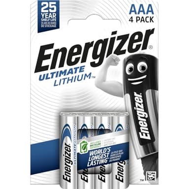 Energizer Ultimate Lithium Batterie AAA (4 Stück) - Die langlebigste AAA Batterien der Welt - 100% auslaufsichere Konstruktion - 100% plastikfreie Verpackung - 25 Jahre lagerfähig