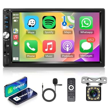 Autoradio 2 Din mit Apple Carplay Android Auto Bluetooth Freisprecheinrichtung 7 Zoll Touchscreen Autoradio mit Mirror Link Bluetooth FM Radio USB/AUX/TF Lenkradsteuerung Rückfahrkamera Mikrofone
