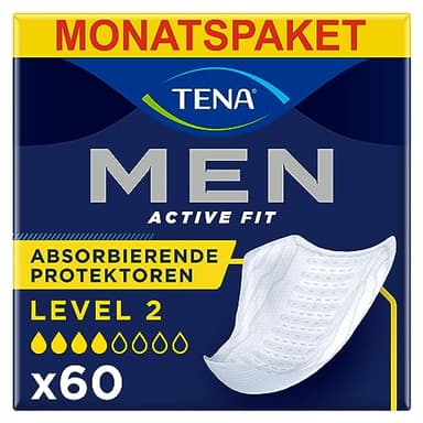 TENA MEN Absorbierende Protektoren, Level 2 - 60 Einlagen im Monatspaket (6 x 10), einzeln verpackt - Hygieneeinlagen für Männer bei mittlerem Harnverlust und Inkontinenz