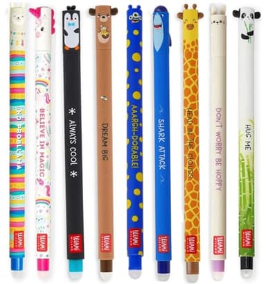 LEGAMI radierbare Gelschreiber Gelstifte mit Tiermotiven Multipack mit neun verschiedenen Stiften Hai, Giraffe, Panda, Lama, Einhorn, Bunny, Pinguin, Teddy und Monster