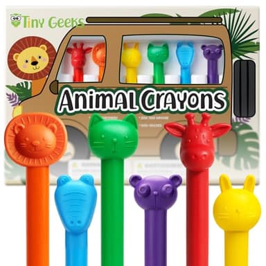 TinyGeeks 6 Tierförmige Wachsmalstifte - Ungiftige Wachsmalstifte für Kleinkinder - Auswaschbar - Perfekt für Kinder im Alter von 4-8 Jahren - Einfach zu Halten - Viel Spaß auf deiner kleinen Safari