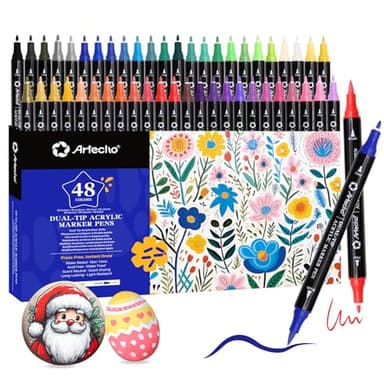 Artecho Acrylstifte 48 Farben, 0.5-5mm Wasserfester Dual Tip Marker (Pinsel und feine Spitze), mit doppelten Enden für Rock Painting, Glas, Papier, Holz, Ei, Leinwand, Keramik, Stoff, DIY Crafts
