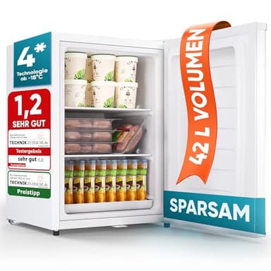 Stillstern Mini Gefrierschrank klein & leise 42L, Tiefkühltruhe mini Freezer -18°C mit Eiswürfelschale & Schloss, Türanschlag r./l., 4-Sterne Tiefkühlschrank klein Gefrierschränke Camping/Büro Weiß