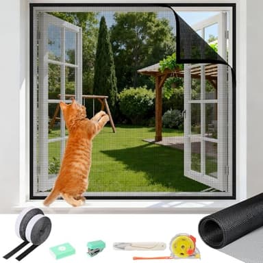 oumuik katzennetz Fenster fliegengitter katzensicher fensterschutz Katze ohne Bohren größenverstellbar,Mit Selbstklebeband, Maßband,Schere,Hefter (100X130CM)