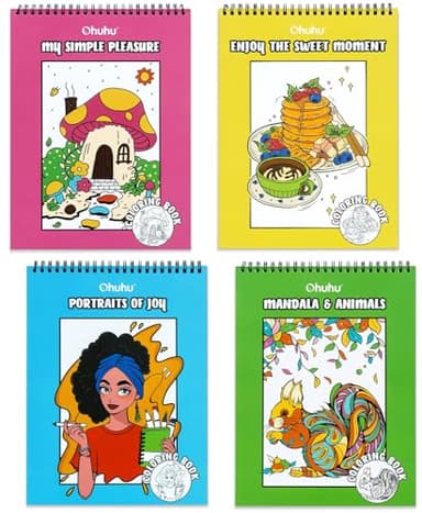 Ohuhu 4er-Pack Ausmalbücher für Erwachsene - Zweiseitiges ausblutsicheres Papier für Marker | 20x25 cm Anti-Stress Motive (Tiere, Mandalas, Blumen, Desserts) | 160 Seiten | Spiralbindung als Geschenk
