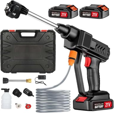 Akku Hochdruckreiniger, 362PSI Tragbarer Hochdruckreiniger, Hydro Blast Druckreiniger mit 2 Akku, 6-in-1-Multifunktionsdüse, 5m Schlauch, für Auto,Garten,Terrasse,Fenster