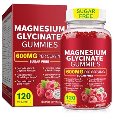 Magnesium glycinat Gummis für Erwachsene 120 Stück – 600 mg pro Portion Fördert Entspannung & Erholsamen Schlaf, Konzentration, Herz- und Knochengesundheit. Himbeergeschmack, Non-GMO