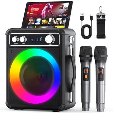Tragbare Karaoke Maschine mit 2 Drahtlosen Mikrofone, Ankuka 15W Bluetooth Lautsprecher Box für Erwachsene/Kinder mit LED Lichteffekte, Unterstützt TF/USB, FM, Rec, AUX in, TWS für Party, Geburtstag