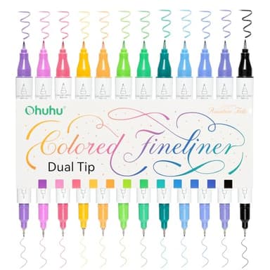Ohuhu Fineliner Pens, 12 Farben Wasserfest Alkoholfest Kalligraphie Pinsel & Fine Liner Dual Tips Fineliner für Erwachsene Künstler & Anfänger Aquarell Zeichnen Skizzieren Manga Anime Bullet Journal