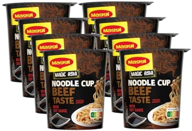 MAGGI Magic Asia Noodle Cup Beef, Instant Nudel-Snack, asiatisches Fertiggericht, mit Rind-Geschmack, scharf gewürzt, 8er Pack (8x63g)