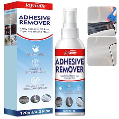 Klebstoffentferner Spray, Etikettenlöser für Glas, Kunststoff, Metall, Entfernt Klebereste, Aufkleber, Etiketten, Geruchsarm, Rückstandsfrei, Inkl. Kunststoff-Spachtel (120 ml)