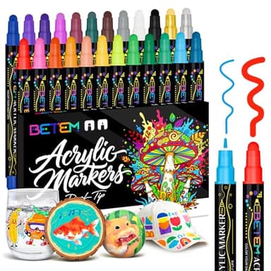 Betem 24 Farben Acrylstifte mit Doppelspitze, Hochwertige Acrylmarker für Stein, Holz, Leinwand, Felsmalerei, Glas, Keramik Wasserfest, Christmas Acrylstifte Set für Basteln Kunstbedarf