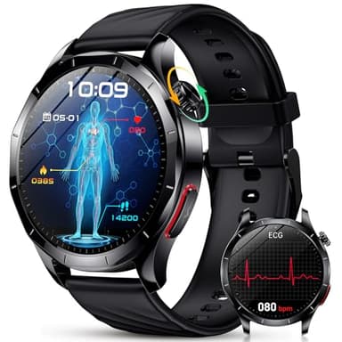 YUPENG 2026 Neu Smartwatch Herren mit EKG+HRV/BMI/Harnsäure/ΒΙυtzυcker, 1.43'' AMOLED Gesundheitsuhr mit 24H ΒΙυtdrυck, Herzfrequenz, Körpertemperatur, SpO2, Schlafmonitor, Fitnessuhr für Android iOS