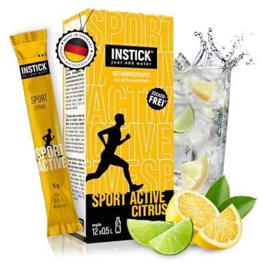 INSTICK Sport Active Citrus – Elektrolyte Pulver, Instant Fitness & Sport Getränk – 12×0,5 L – Zuckerfrei, kalorienarm, mit Vitaminen – vegan