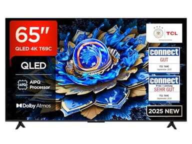 TCL 65T69C 65 Zoll QLED, Direct LED TV, 4K HDR TV, Smart Google TV (Dolby Vision & Atmos, Motion Clarity, Kompatibel mit Google Assistant & Alexa)