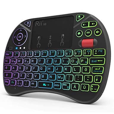 Rii Mini Tastatur Mit Touchpad, 2,4 GHz Kabellos, Smart TV, 8 Farbige Hintergrundbeleuchtung und Scrollrad (Deutsches, Schwarz)