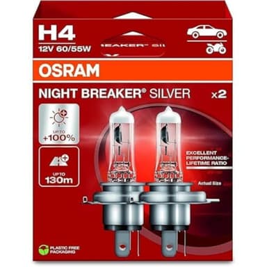 Osram NIGHT BREAKER SILVER H4, +100% mehr Helligkeit, Halogen-Scheinwerferlampe, 64193NBS-2HB, 12V Pkw, Hängebox (2 Lampen)