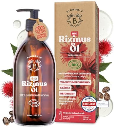 BIONOBLE Rizinusöl Kaltgepresst Bio - 100% Natürlich, Ohne Hexan - Wachstumsfördernd, Repariert - Rizinusöl Bio Haare, Wimpern, Augenbrauen, Haut - Castor Oil - Glasflasche mit Pumpe - 500ml