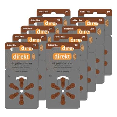DIREKT Hörgerätebatterien Typ 312 Braun - Zink-Luft Batterien für Hörgeräte - PR41 P312 ZL3-1,45 V - Made in Germany - 60 Stück im Sparpack