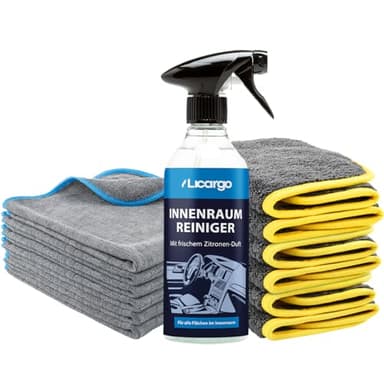 LICARGO Waschbox & Innenraum Set - 3X saugstarke Mikrofasertücher Auto 600 GSM - Premium Innenraumreiniger (500ml) für eine porentiefe Reinigung - 6X Lackschonende Mikrofasertücher 380 GSM