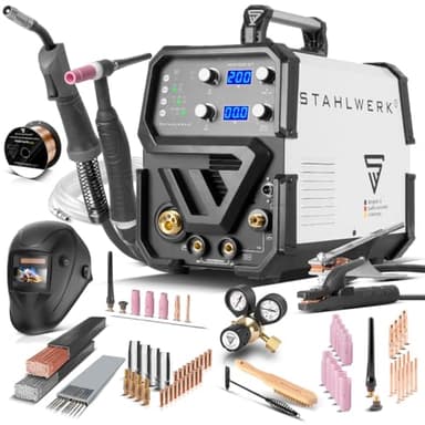 STAHLWERK Schweißgerät 3-in-1 Kombi MTM-200 ST - Vollausstattung - Inverter mit 200 A, WIG, MIG/MAG, MMA, synergischer Drahtvorschub, 4-Rollen-Antrieb, HF-Zündung, Fülldraht geeignet, Stahl, Dünnblech