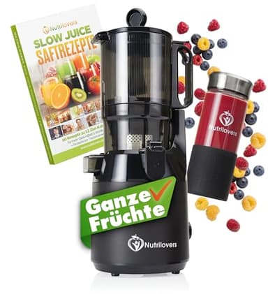 Nutrilovers Entsafter Slow Juicer NUTRI-PRESS MAX Ganze Früchte entsaften mit XXL 135 mm Öffnung, BPA-frei inkl. Saft-Flasche, Slow Juice Rezeptbuch