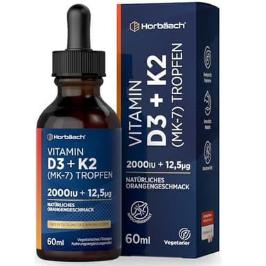 Vitamin D3 K2 Tropfen 60ml Hochdosiert | mit 2000 IE D3 + 12,5 µg K2 MK7 All-Trans | Flüssige Tropfen | von Horbaach