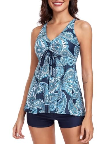 FLYILY Damen Zweiteilig Badeanzug Vorner Schnüren Racerback Bademode Plus Größe Tankini Set mit Boyshort(Blueprint,XXL)