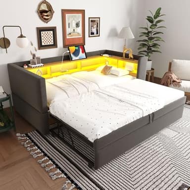 RIAZOS Polsterbett Ausziehbares Schlafsofa 90/180 x 190 cm, Einzelbett mit LED USB Steckdosen, Daybett mit Vielen Ablagefächern, Flanell, ohne Matratze, Dunkelgrau