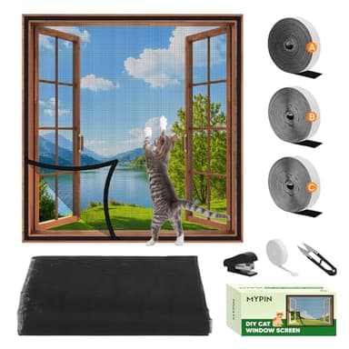 MYPIN Einstellbare Katzenschutz Fenster Netz Mit Selbstklebeband, DIY Größe, Katzennetz Balkon Fenster Transparent Netzgitter, Fliegengitter, Max. 130x150 cm, mit Lineal/Messer/Hefter (Schwarz)