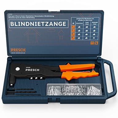 Presch Blindnietzange Set 79tlg. im Koffer - Inkl. 75 Blindnieten, passenden HSS Bohrern und Montageschlüssel mit Nietlehre - All in One Nietzange Set - Blindnietzange Profi