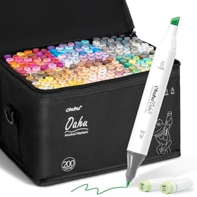 Ohuhu Alkohol Marker – 200 Farben mit Breit & Feinspitze Doppelspitziges Profi-Set für Zeichnen Skizzieren & Illustrieren, AP-zertifiziert & nachfüllbar