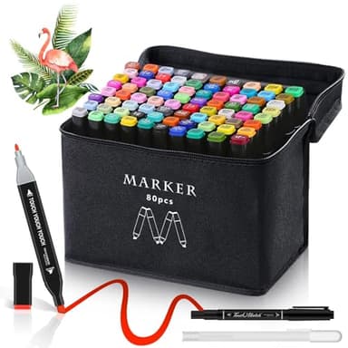 AdamStar Alkoholmarker, 80 Farben Doppelspitze Kunstmarker für Erwachsene zum Malen, Skizzieren und Zeichnen – Malstifte mit Tragetasche