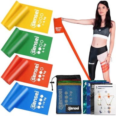 SENSEI® Gymnastikband Set (1-12 kg) – 4er Pack Fitnessbänder 200 cm Extra Lang – Widerstandsbänder von Leicht bis Extra Stark inkl. E-Book & Beutel