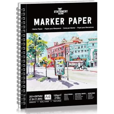 STATIONERY ISLAND Marker Papier A4 60 Sheets 73lb/120g Bleedproof Skizzenbuch Spiralgebundenes Skizzenblock zum Skizzieren Illustrieren Malen