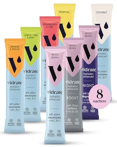 Elektrolyte ohne Zucker – Isotonisches Getränkepulver für Energie & Wohlbefinden – Natürliches Elektrolyt Sport Hydration Pulver mit Vitaminen – ViDrate Sortimentpackung 8 Tütchen