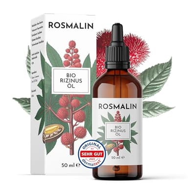 Rosmalin® Rizinusöl kaltgepresst Bio - Castor Oil Organic - Für Haare, Kopfhaut, Wimpern, Haut, Bart, Gesicht - kaltgepresstes & hexanfreies Öl - Pflegende Kopfhautbehandlung, 50 ml