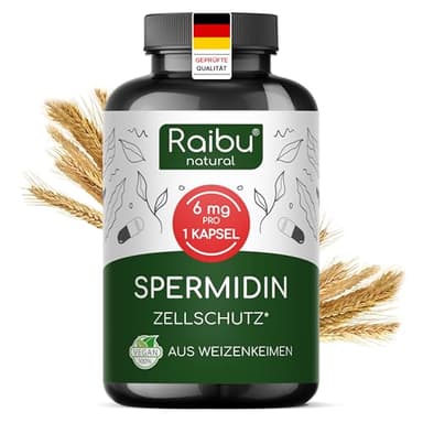 Raibu Spermidin Kapseln hochdosiert - 6 mg Spermidin pro Kapsel - Aus Weizenkeimextrakt, Vorrat für 3 Monate - Vegan, Natürlich & Ohne Zusatzstoffe - 90 Stück