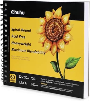 Ohuhu Skizzenbuch für Alkoholmarker - 200 g/m² Premium-Papier (kein Durchbluten), 120 Seiten (60 Blätter), 22,5 x 21 cm, säurefrei, mit Spiralbindung | Sketchbook für Aquarell, Marker & Illustration