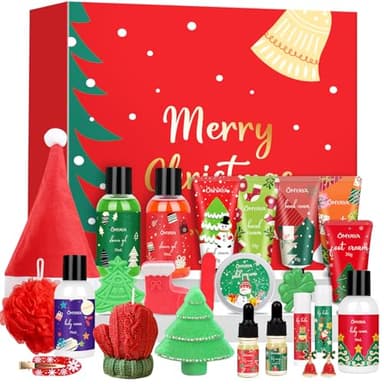 Weihnachtsgeschenke für Frauen,Beauty Adventskalender 2025 für Frauen mit Handcreme, Kerze, Lippenbalsam, Weihnachtsmütze, Badebomben, 24 Weihnachtskalender Hautpflege Geschenkset für Damen